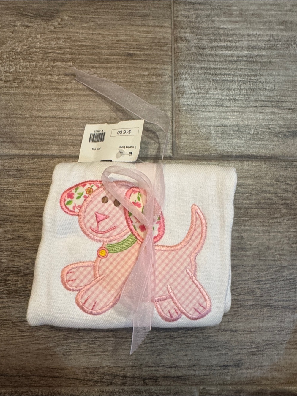 White Baby Burp Cloth with Pink Puppy Appliqué